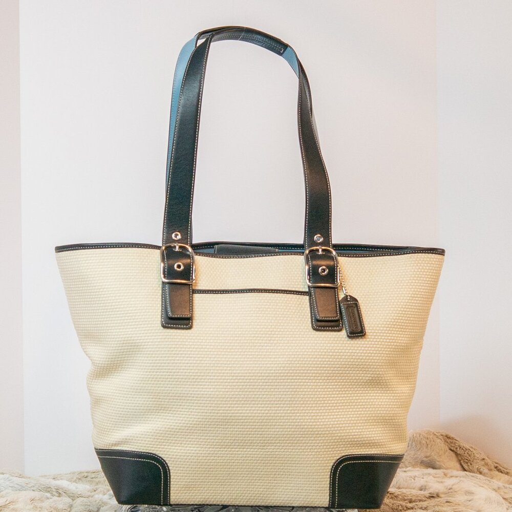 Large Coach Hampton Woven Ivory Straw and Black/Blue Leather Tote Bag B04K-4469